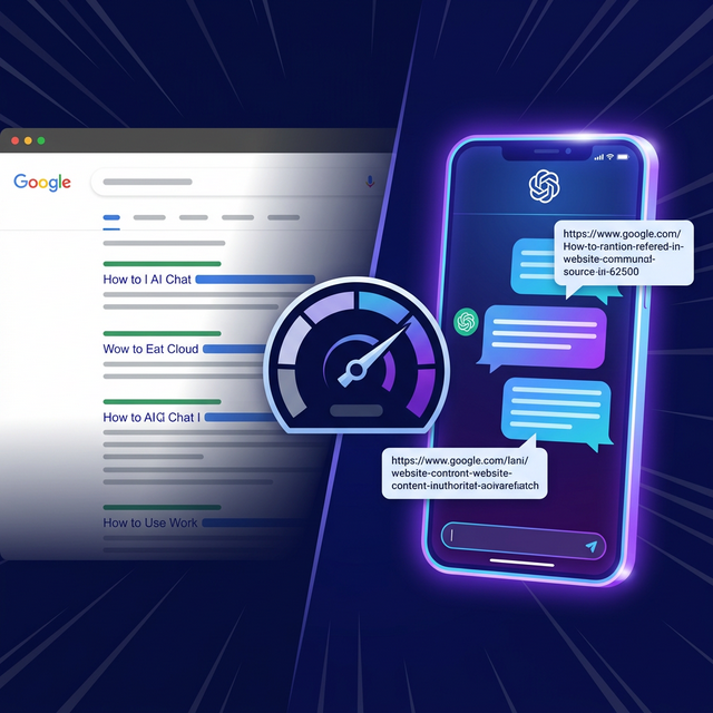 AI search engines like ChatGPT and Perplexity replacing traditional Google search, with a website speed gauge in the center