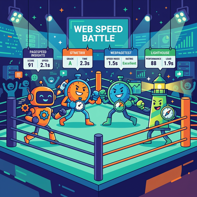 Comparison of Core Web Vitals tools including PageSpeed Insights, GTmetrix and WebPageTest