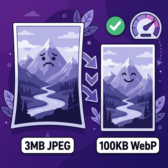 Image compression illustration showing file size reduction from heavy JPEG to lightweight WebP