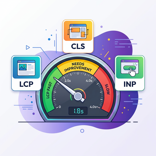Core Web Vitals illustration showing LCP, CLS and INP speedometer metrics