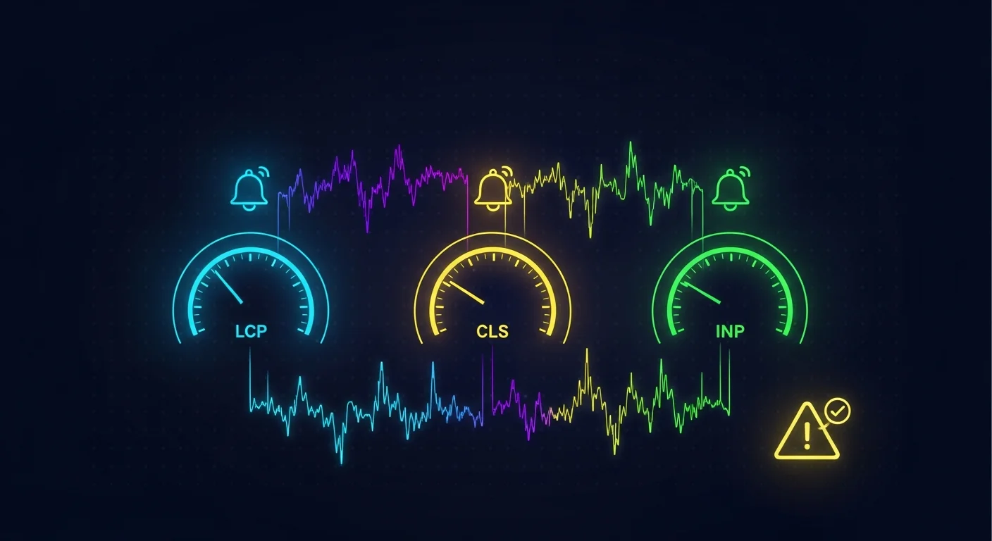 CWV monitoring dashboard with LCP CLS and INP gauges and alert notifications