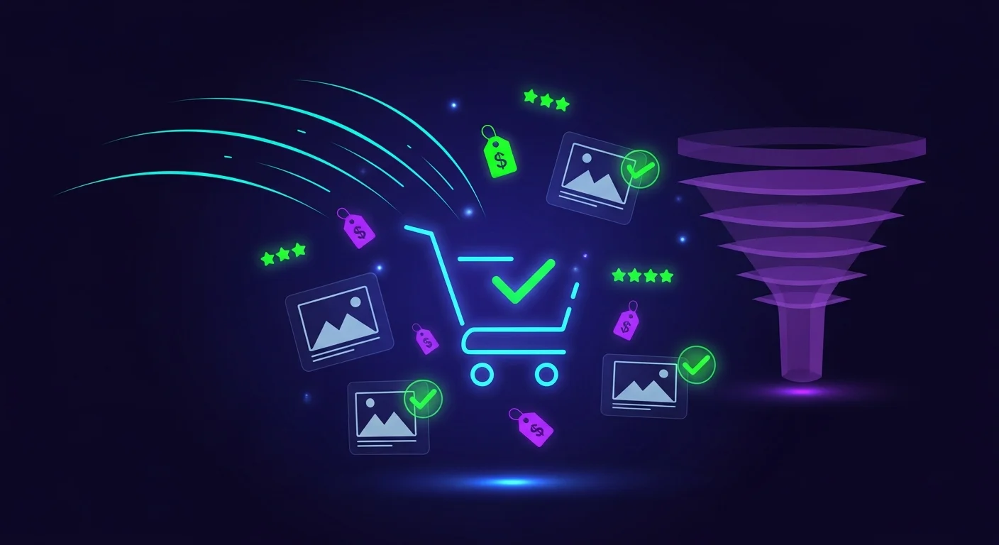 Shopping cart with green performance speed lines and product image checkmarks