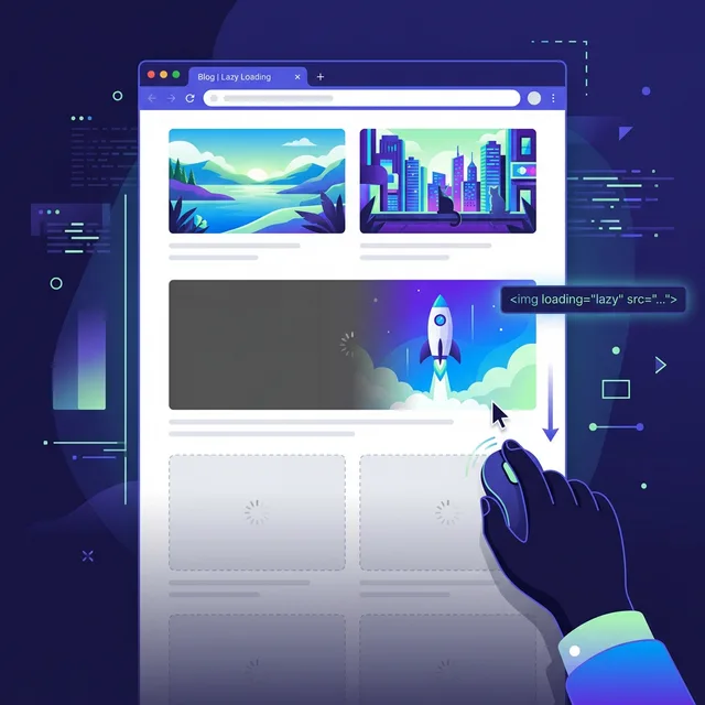Lazy loading illustration showing images progressively appearing as user scrolls down a webpage