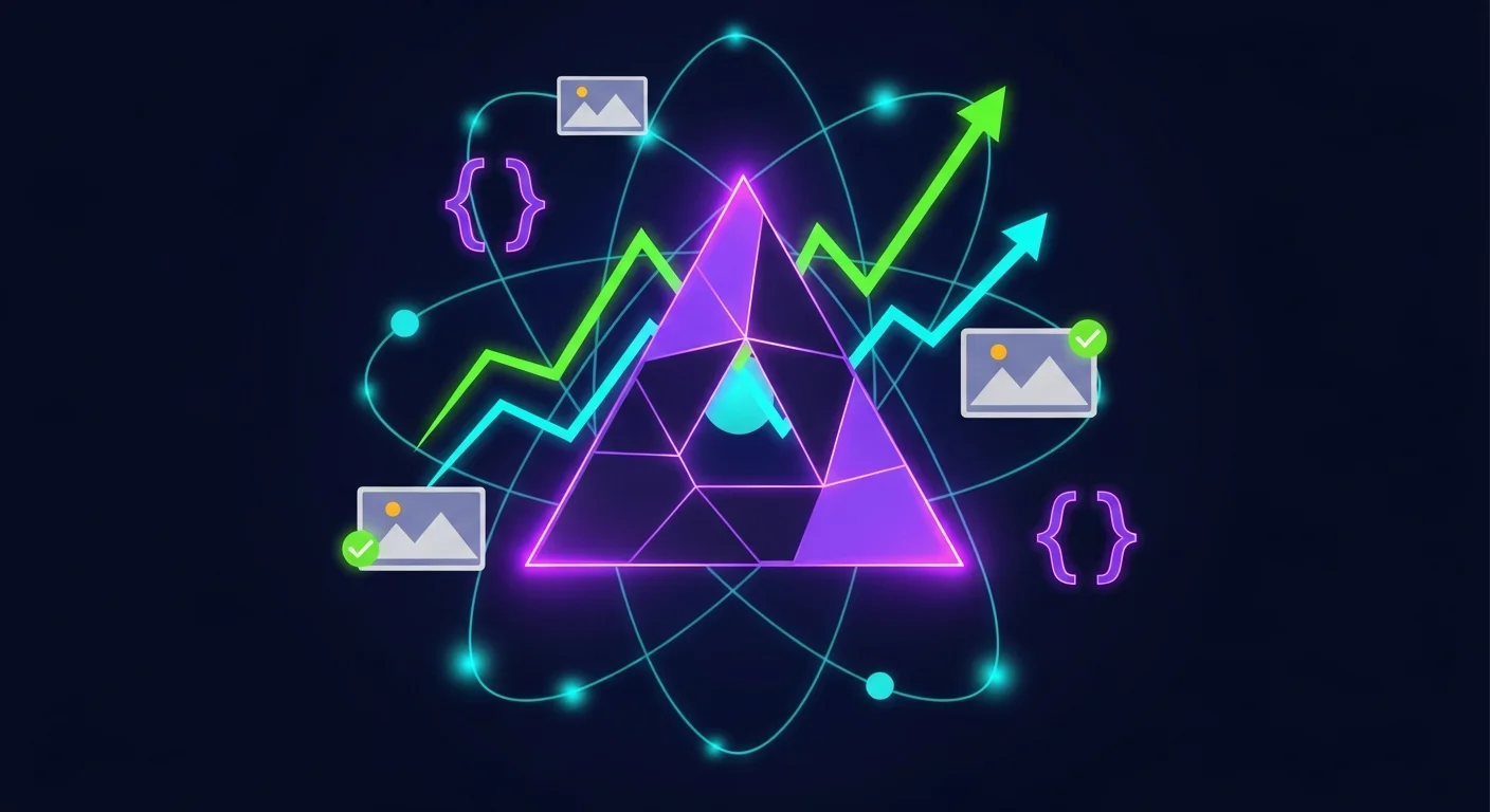 Next.js logo surrounded by performance chart lines and green checkmarks