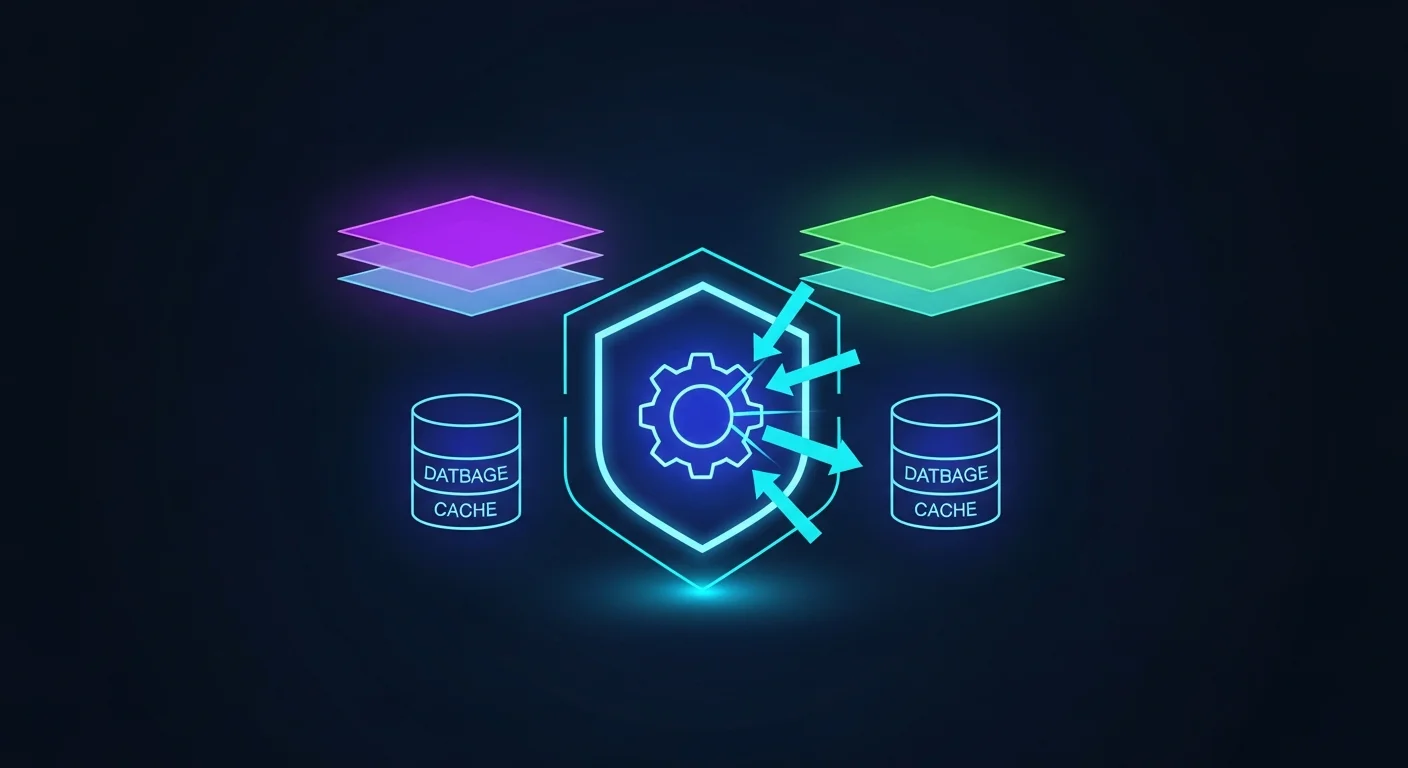 Service worker gear icon surrounded by cache storage and network request shields