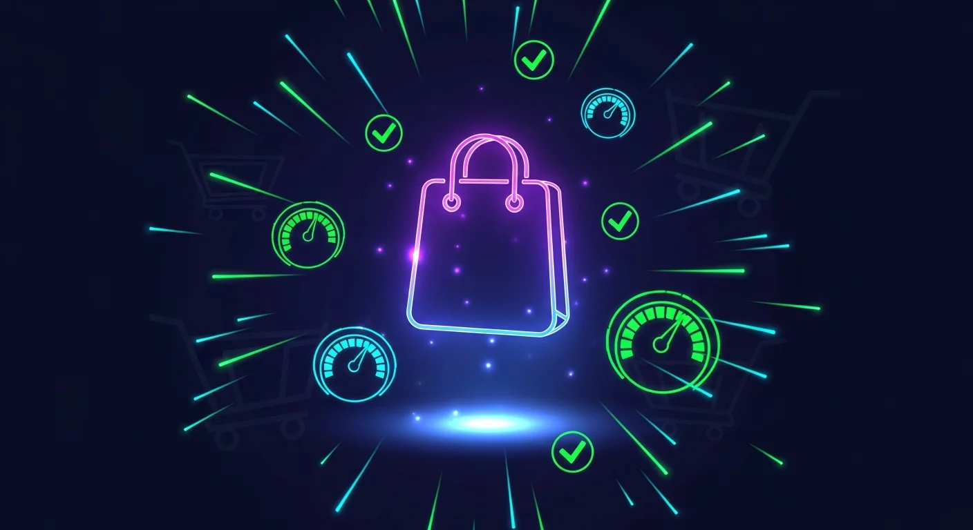 Shopify store with glowing speed gauges and green LCP metrics